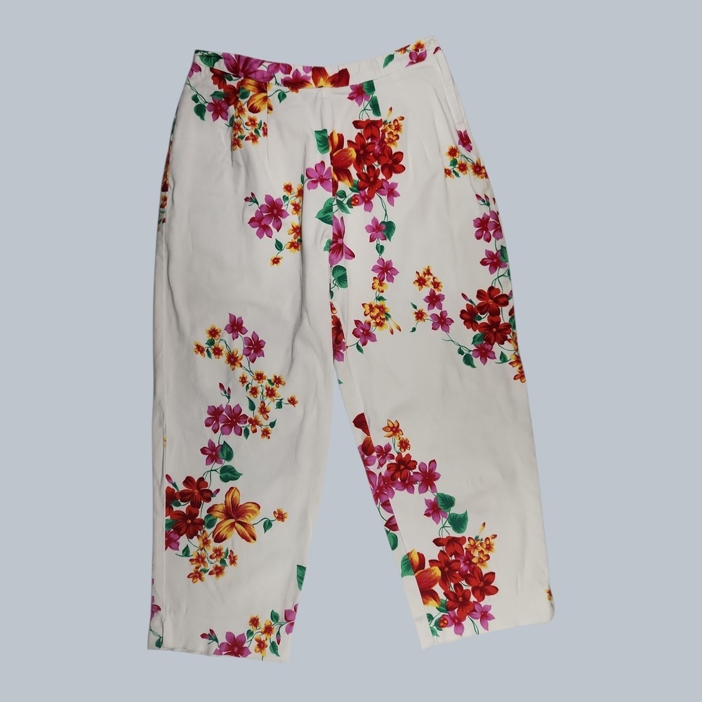 David Paul Pants Womens Sz 8 Vintage Red White Asian Floral Stretch High Rise